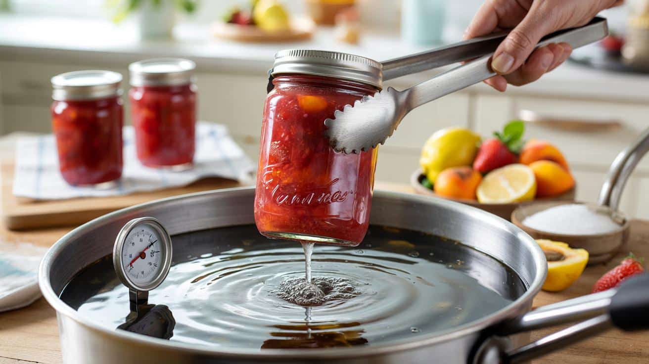 Küche-Spezial: Die genaue Temperatur (82°C) und die Methode des Einkochens von selbstgemachten Marmeladen in sterilen Gläsern, um eine Haltbarkeit von mindestens 12 Monaten zu gewährleisten